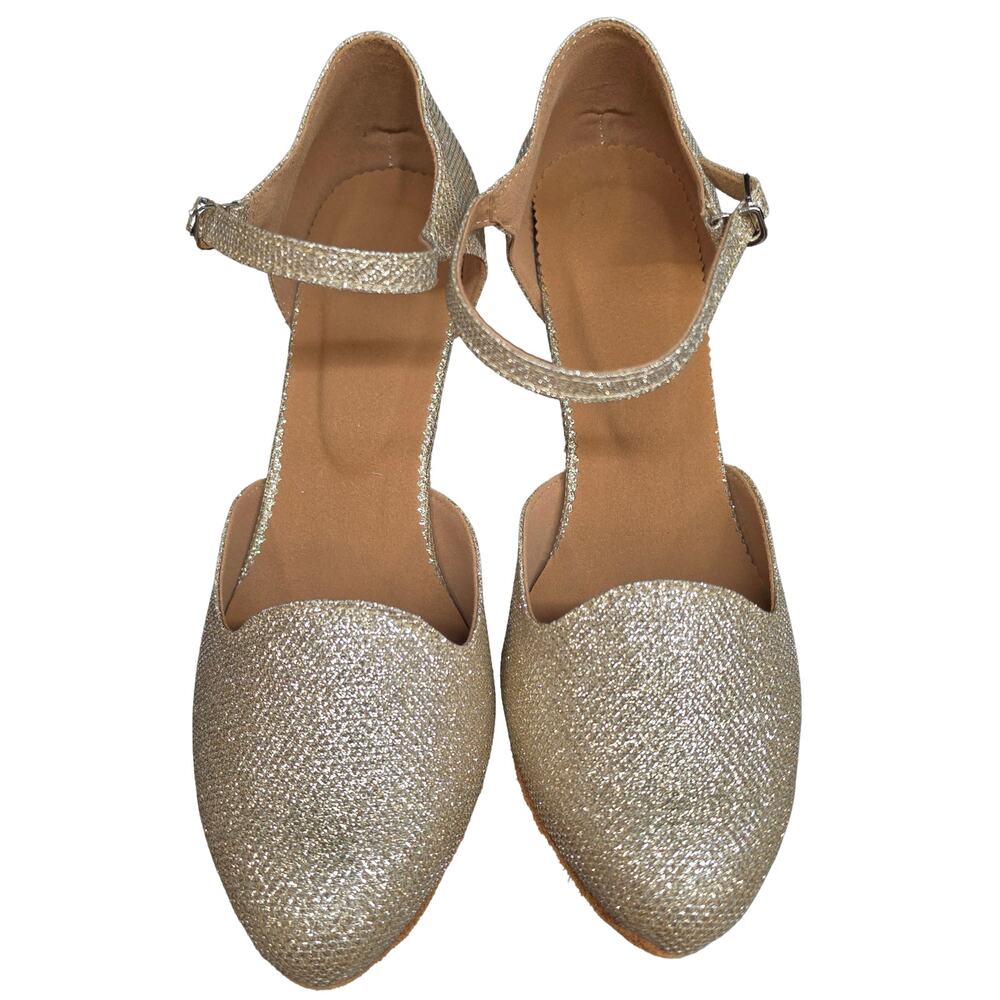 Dance and Sway Gold Glitter Dance Heels Size 7 Ankle Strap Ballroom